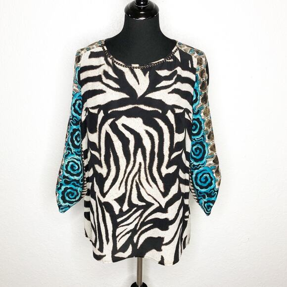 Alberto Makali Tops - Alberto Makali cream black blue beaded trim animal print silk top size Medium